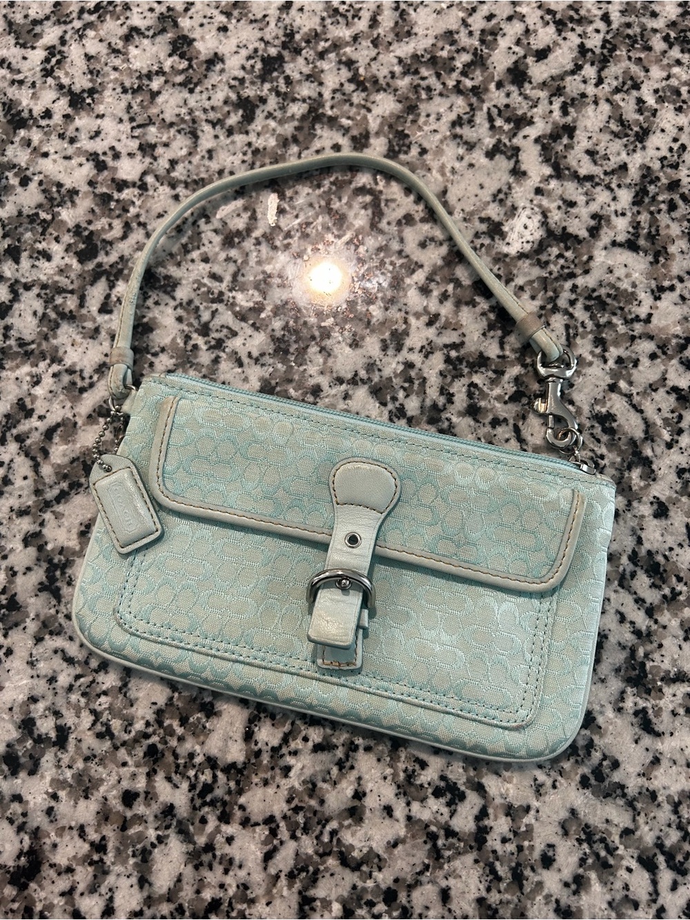 Vintage Coach Soho Teal Blue Jacquard Signature-Print Wristlet Clutch